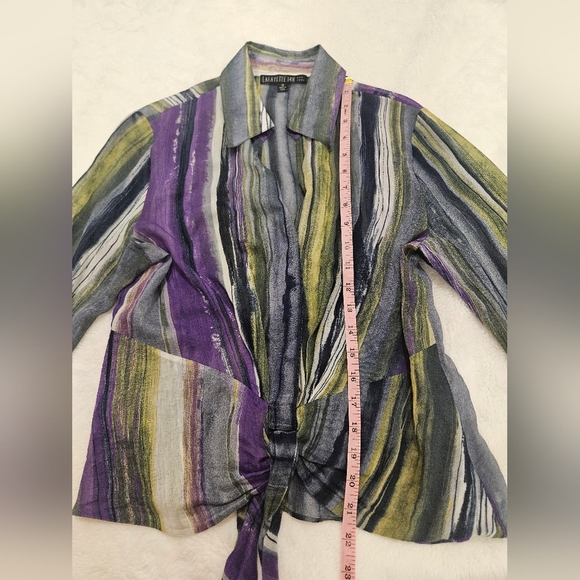 Lafayette 148 Purple And Green Tie Front Silk Blend Long Sleeve Size 10 - Picture 7 of 9